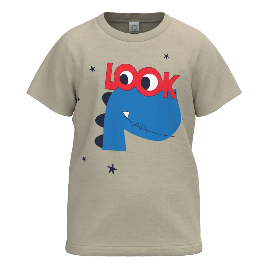 Cream Dino Print Boys T-Shirt | “LOOK” Graphic Kids Tee | Soft Cotton Everyday Wear | 1108
