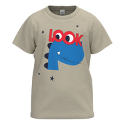 Cream Dino Print Boys T-Shirt | “LOOK” Graphic Kids Tee | Soft Cotton Everyday Wear | 1108