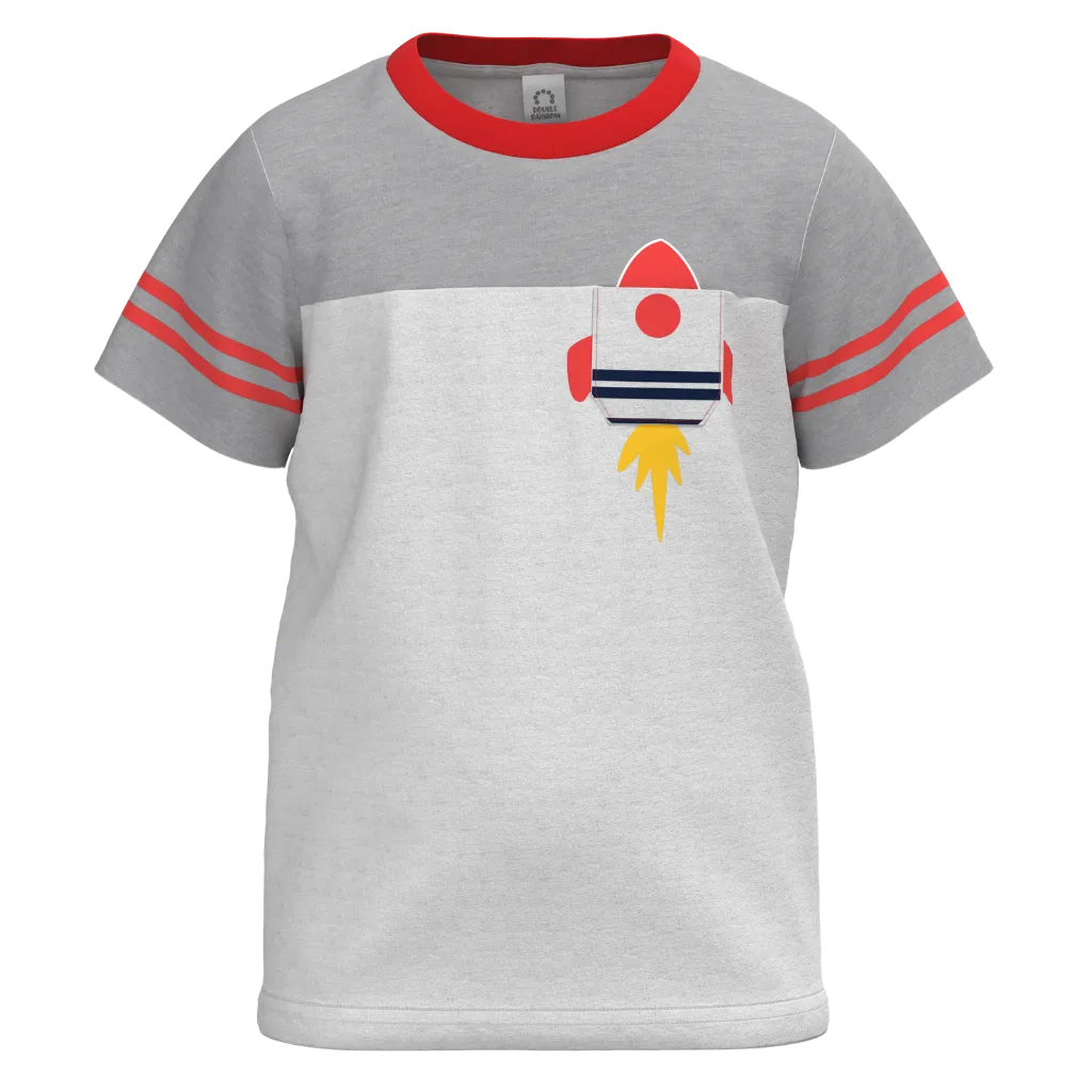Ash Grey Cotton Short Sleeve T-Shirt for Boys | Rocket Graphic Pocket Design Tee | 1113