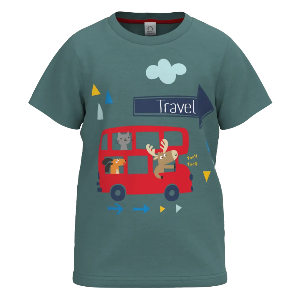 Green Cotton Short Sleeve T-Shirt for Boys | Fun Travel Bus Graphic Tee | 1116