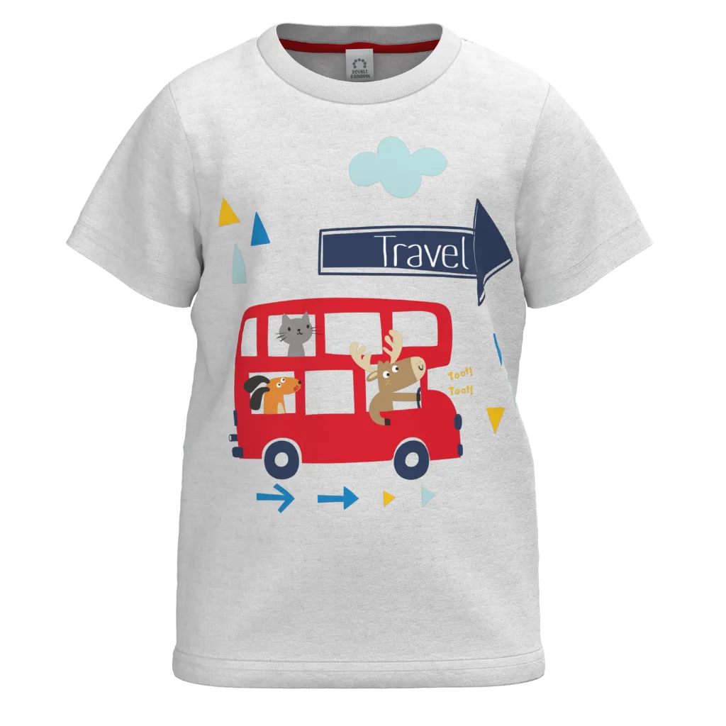 White Cotton Short Sleeve T-Shirt for Boys | Travel Bus Graphic Casual Tee | 1117