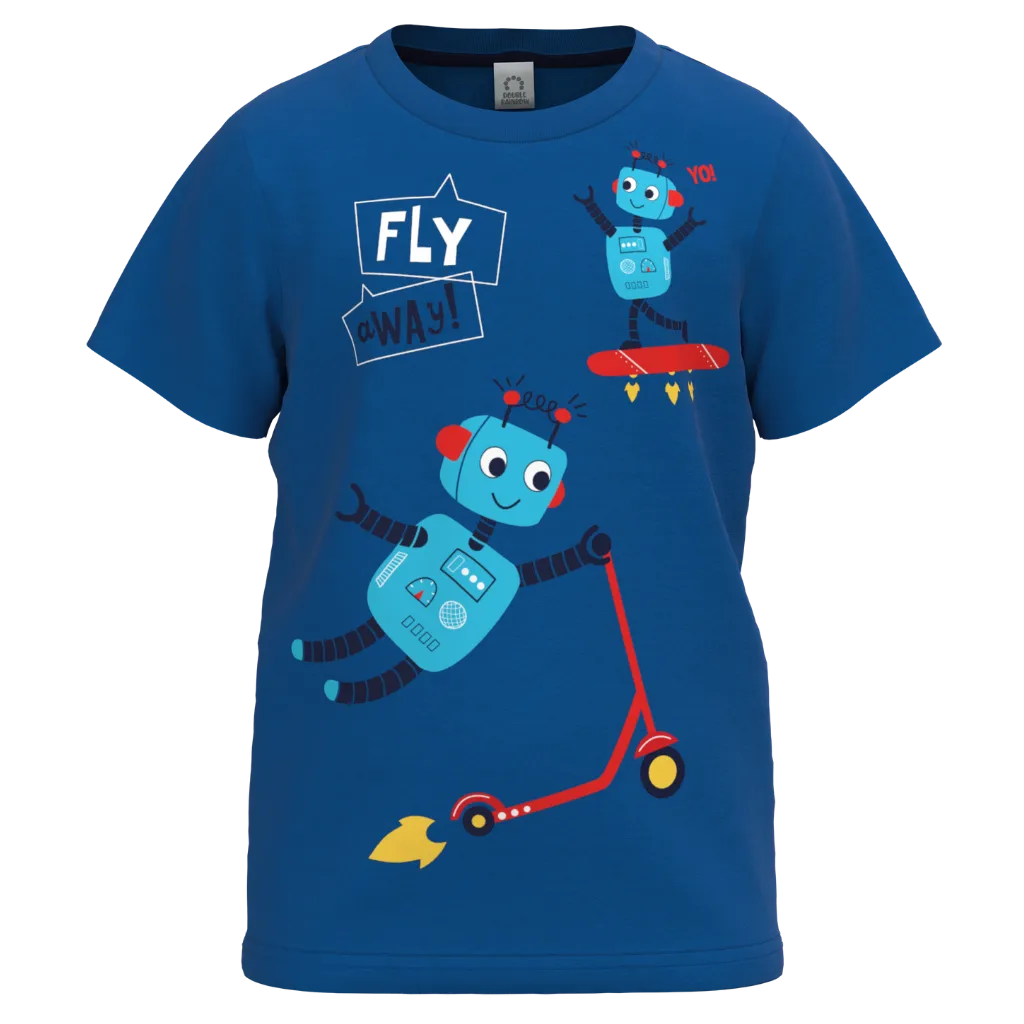 Blue Cotton Short Sleeve T-Shirt for Boys | Fun Robot Graphic Casual Tee | 1119