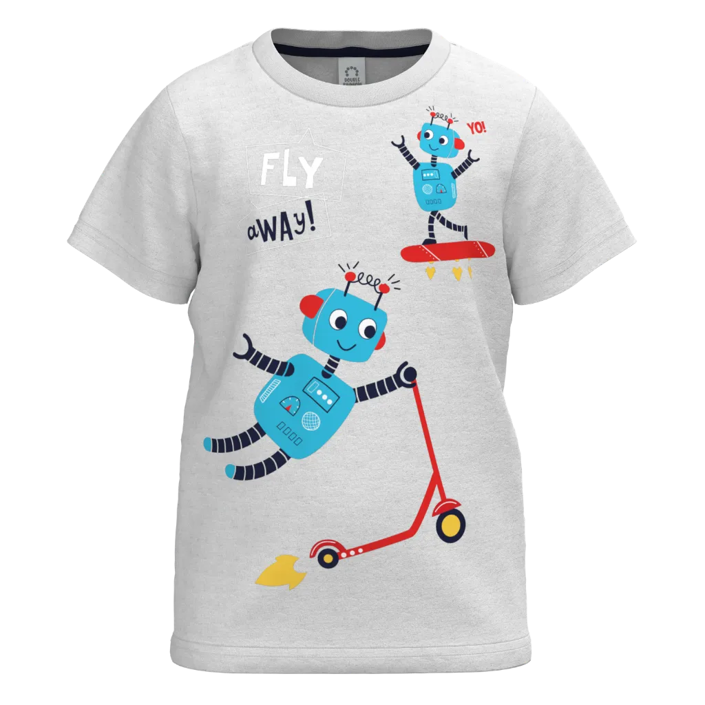 Grey Robot Print Boys T-Shirt | Fun Graphic Kids Tee | Soft Cotton Everyday Wear | 1120