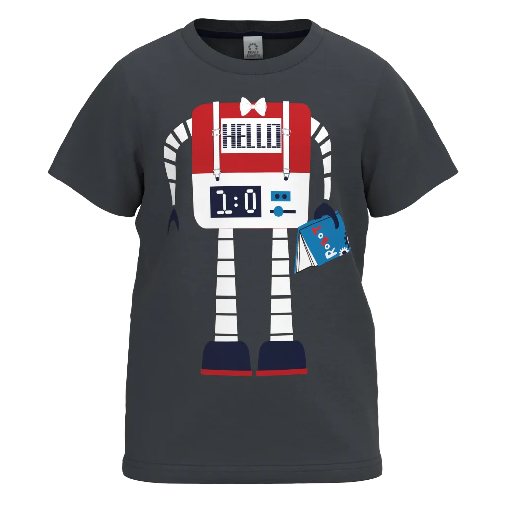 Gray Cotton Short Sleeve T-Shirt for Boys | Fun Robot Graphic Casual Tee | 1121