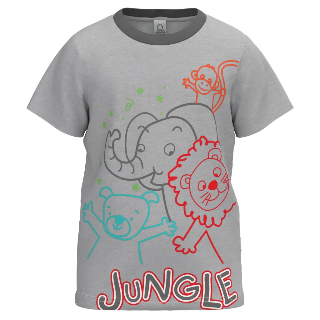 Ash Color Animal Cotton T-Shirt for Boys | Elephant Lion Monkey Print Tee | 1125