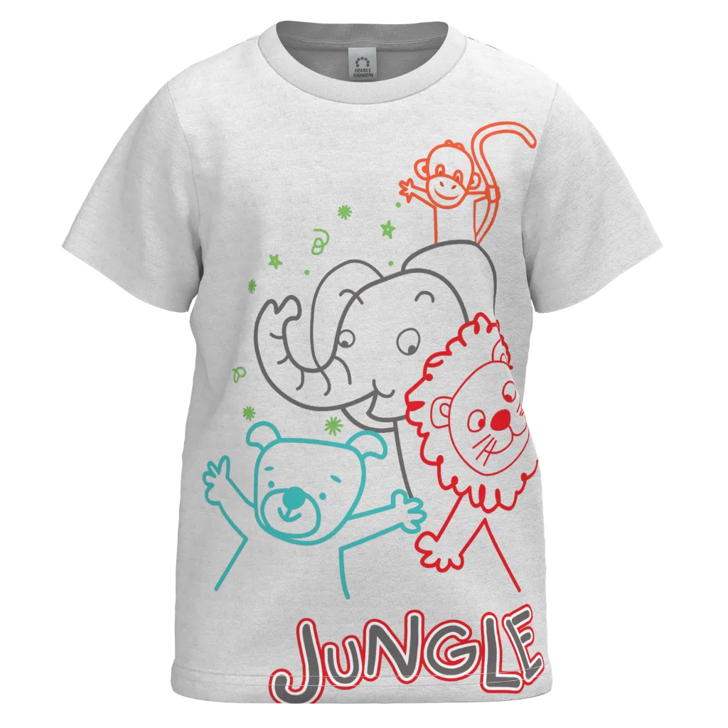 White Jungle Animal Cotton T-Shirt for Boys | Elephant Lion Monkey Print Tee | 1126