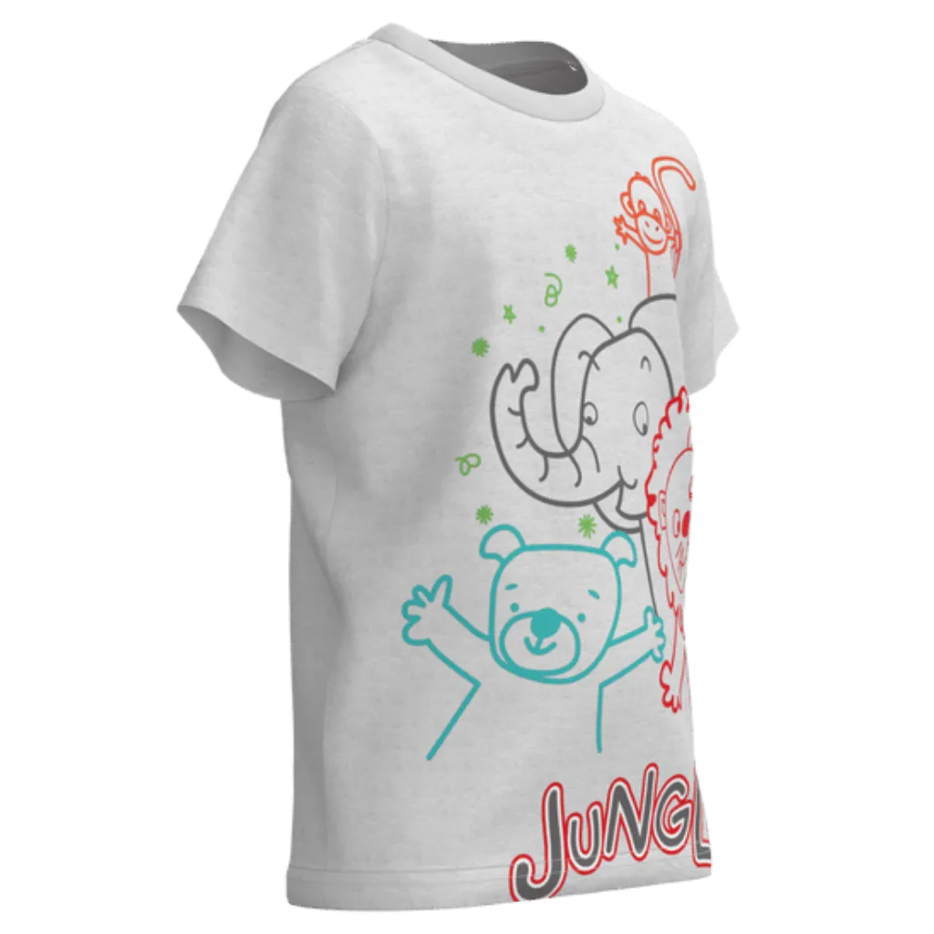 White Jungle Animal Cotton T-Shirt for Boys | Elephant Lion Monkey Print Tee | 1126