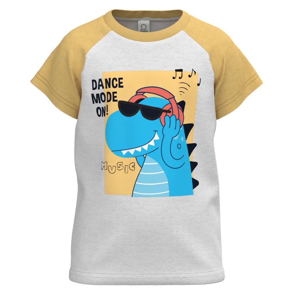 White & Mustard Cotton Short Sleeve T-Shirt for Boys | Dance Mode Dino Graphic Summer Tee | 1132