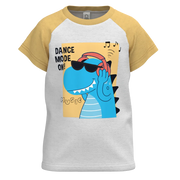 ছেলেদের জন্য সাদা ও সরিষার সুতির ছোট হাতা টি-শার্ট | ডান্স মোড ডাইনো গ্রাফিক গ্রীষ্মকালীন টি-শার্ট | ১১৩২