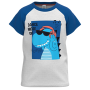 Blue & Grey Cotton Raglan T-Shirt for Boys | Dinosaur Dance Graphic Casual Tee | 1134