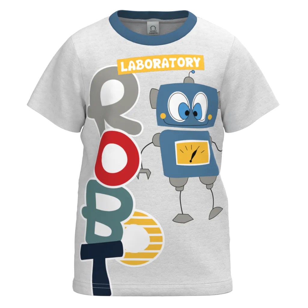 White Cotton Short Sleeve T-Shirt for Boys | Laboratory Robot Graphic Summer Tee | 1135