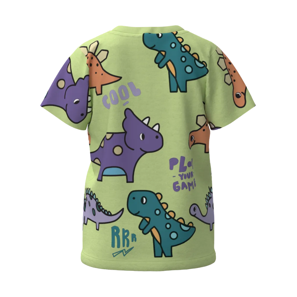 Green Boys Dinosaur Print T-Shirt | All-Over Dinosaur Graphic Casual Tee | Soft Cotton Half Sleeve Everyday T-Shirt | 1138