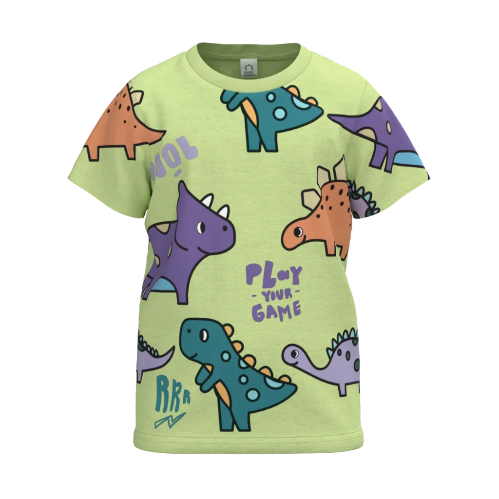 Green Boys Dinosaur Print T-Shirt | All-Over Dinosaur Graphic Casual Tee | Soft Cotton Half Sleeve Everyday T-Shirt | 1138