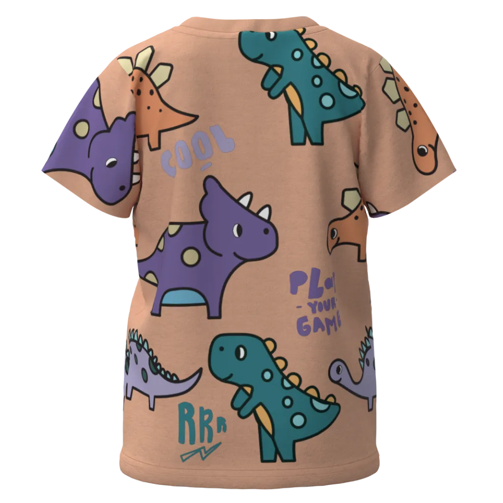Peach Cotton Short Sleeve T-Shirt for Boys | All-Over Dinosaur Print Casual Tee | 1139