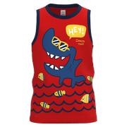 Red Cotton Sleeveless T-Shirt for Boys | Fun Shark Graphic Summer Tank | 1149
