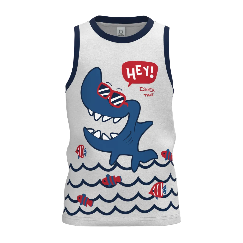 Ash Boys Sleeveless T-Shirt | Shark Print Summer Tank Top | Fun Casual Cotton Kids Wear | 1150