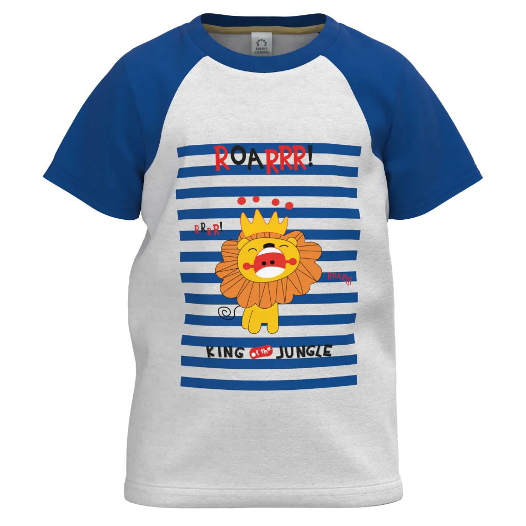Blue & White Cotton Short Sleeve T-Shirt for Boys | King of the Jungle Lion Graphic Tee | 1161