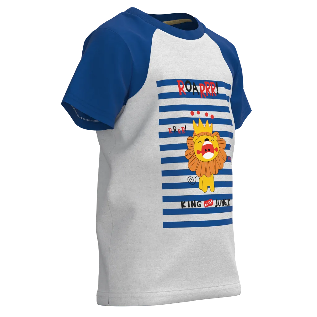 Blue & White Cotton Short Sleeve T-Shirt for Boys | King of the Jungle Lion Graphic Tee | 1161