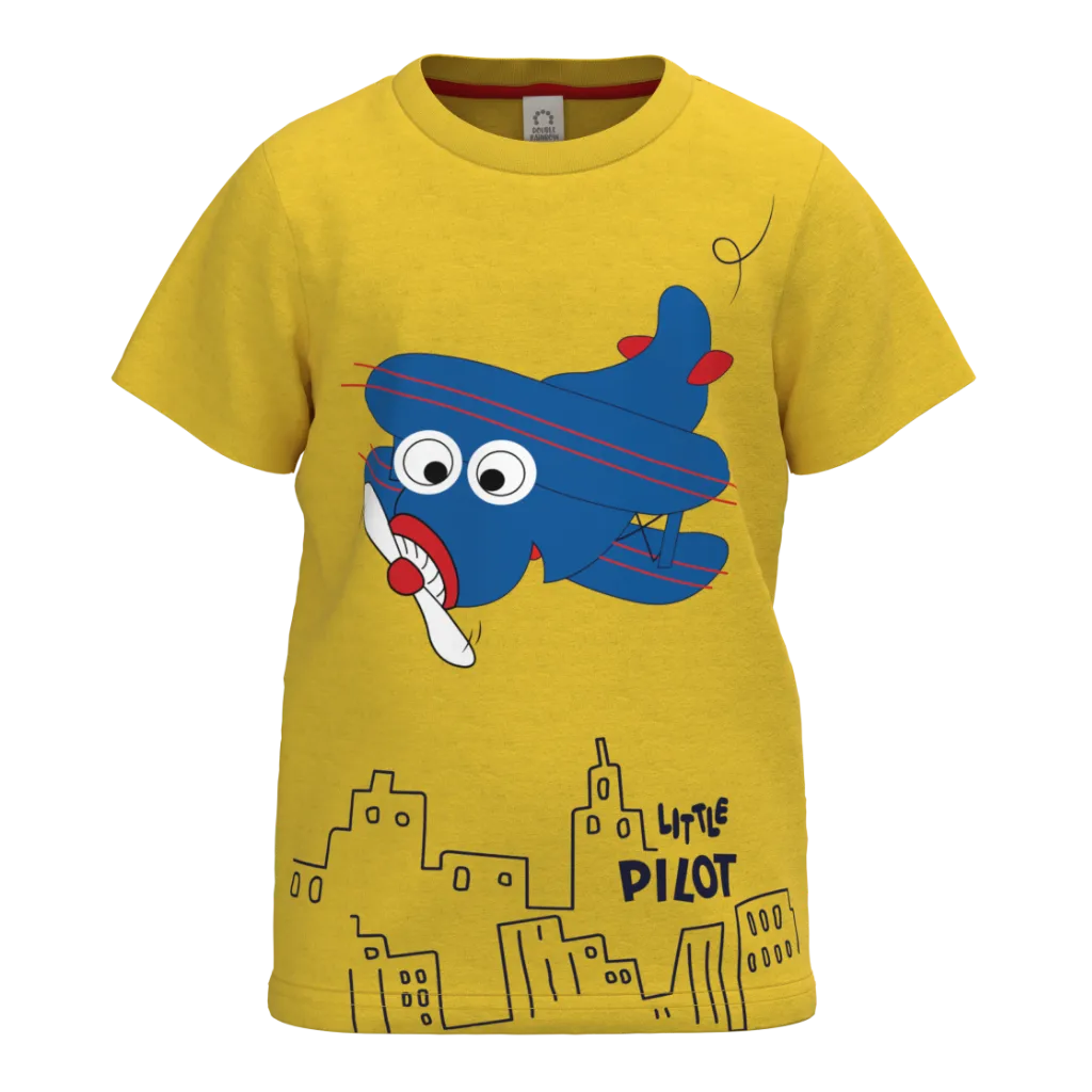 Yellow Airplane Print Boys T-Shirt | Little Pilot Graphic Tee | Soft Cotton Kidswear | 1165