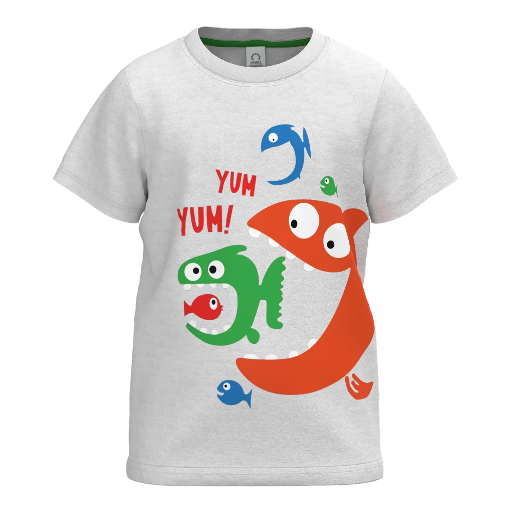 Grey Fish Print Boys T-Shirt | Fun “Yum Yum” Graphic Tee | Soft Cotton Kidswear | 1166