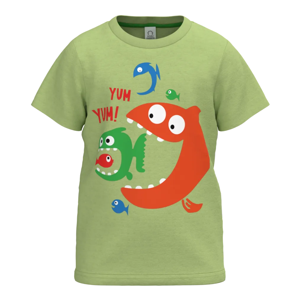 Green Fish Print Boys T-Shirt | “Yum Yum” Graphic Kids Tee | Soft Cotton Everyday Wear | 1167