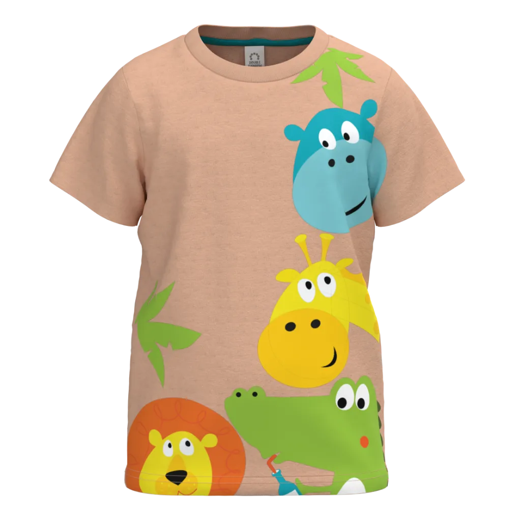 Blush Animal Print Boys T-Shirt | Jungle Cartoon Graphic Kids Tee | Soft Cotton Everyday Wear | 1169