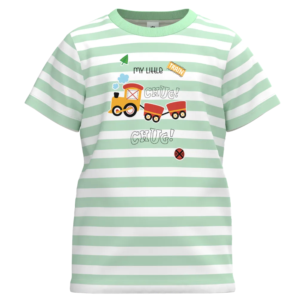 Mint & White Striped Cotton T-Shirt for Boys | Train Print Casual Tee | 1170