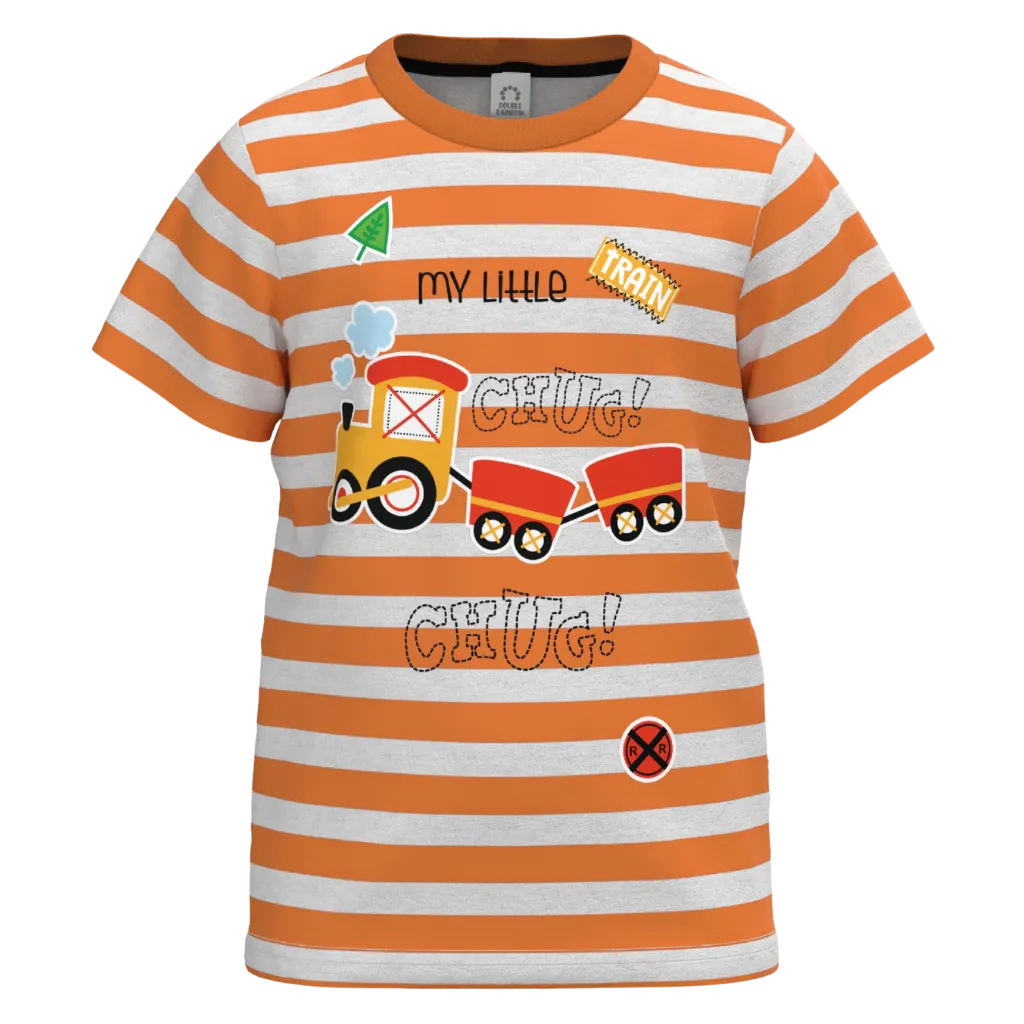 Orange Striped Cotton Short Sleeve T-Shirt for Boys | Little Train Graphic Casual Tee | 1171