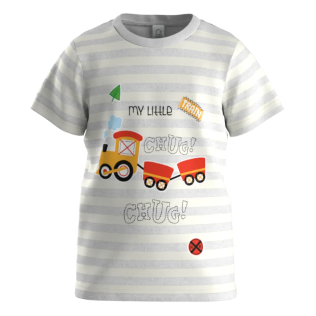 Grey Striped Train Print Boys T-Shirt | “My Little Train” Graphic Tee | Soft Cotton Kidswear | 1172