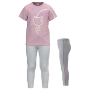 Pink Cotton Short Sleeve T-Shirt with Legging Pant for Girls | Rainbow Cat Graphic Casual Set | 1173