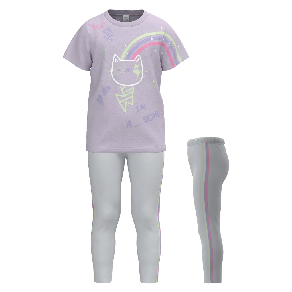 Lavender Cotton Short Sleeve T-Shirt with Legging Pant for Girls | Rainbow Cat Graphic Casual Set | 1174