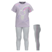 Lavender Cotton Short Sleeve T-Shirt with Legging Pant for Girls | Rainbow Cat Graphic Casual Set | 1174