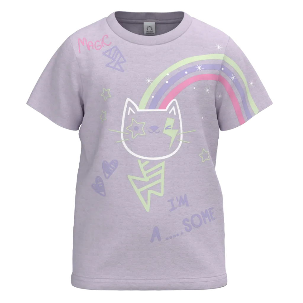Lavender Cotton Short Sleeve T-Shirt with Legging Pant for Girls | Rainbow Cat Graphic Casual Set | 1174