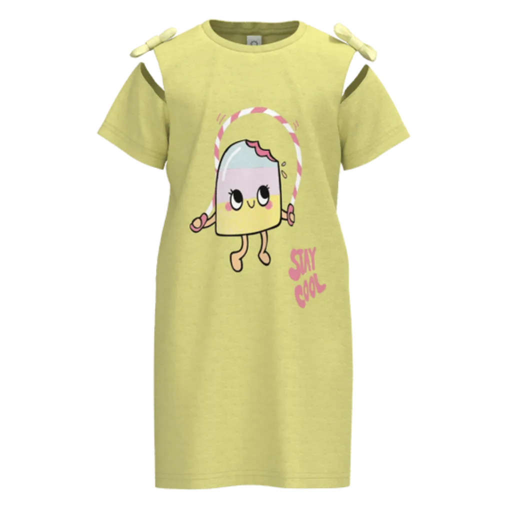 Yellow Graphic Girls Frock with Panty | Cute “Stay Cool” Kids Dress Set | Soft Cotton Comfort | 1188