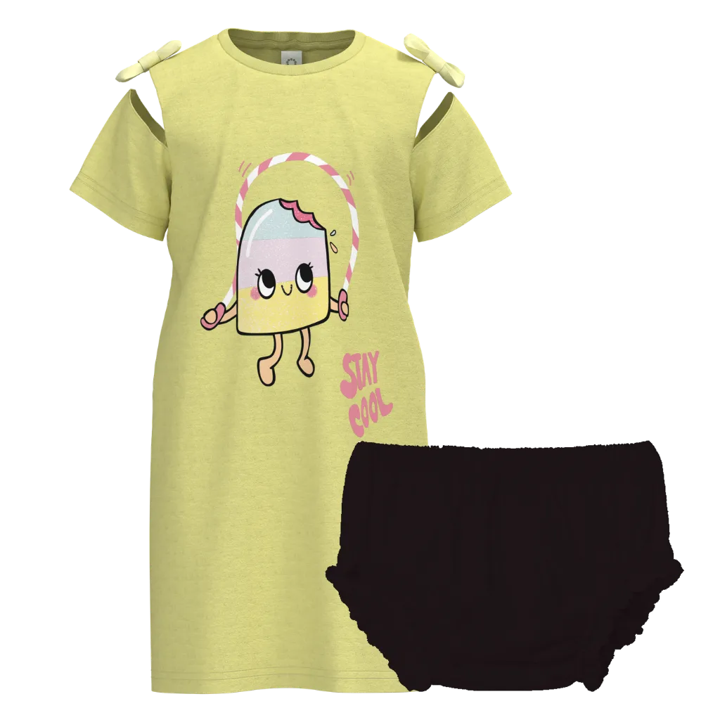 Yellow Graphic Girls Frock with Panty | Cute “Stay Cool” Kids Dress Set | Soft Cotton Comfort | 1188