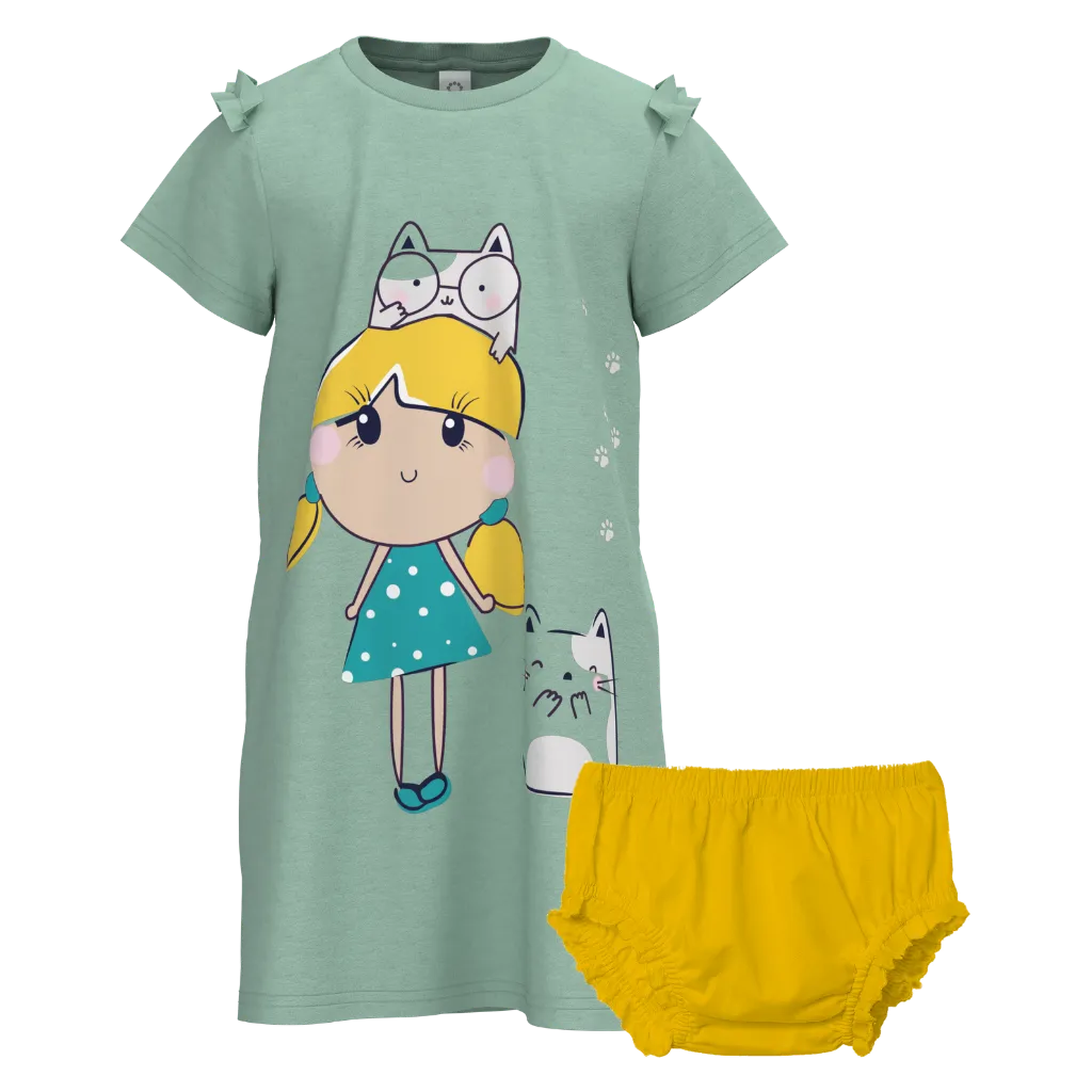 Green Cotton Short Sleeve Frock with Panty for Girls | Cute Girl & Cat Print Summer Dress Set | 1193