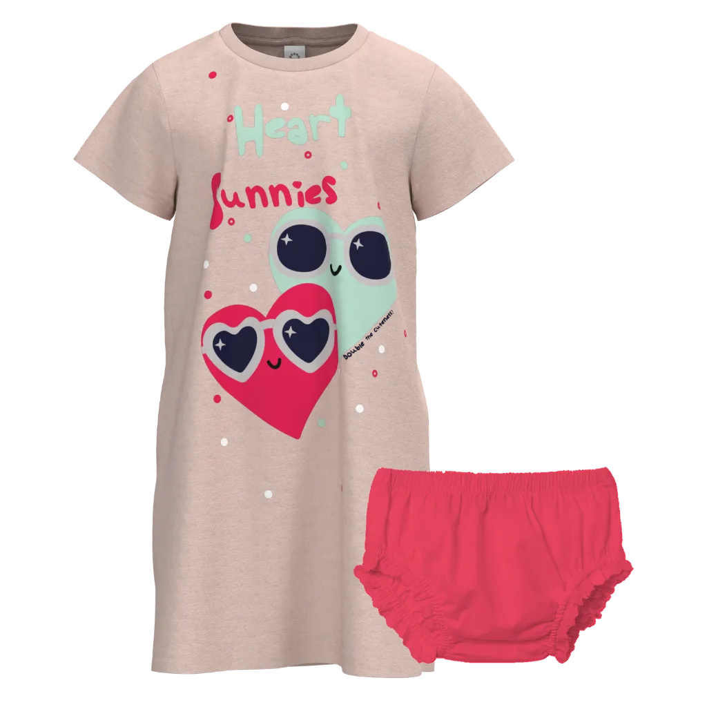 Pink Heart Print Girls Frock with Panty | “Heart Sunnies” Cute Kids Dress Set | Soft Cotton Comfort | 1195