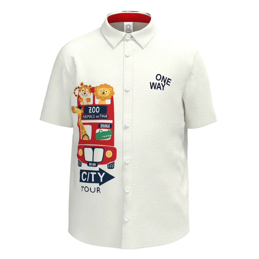 White Cotton Short Sleeve Button-Down Shirt for Boys | Zoo City Tour Graphic Casual Shirt | 1261