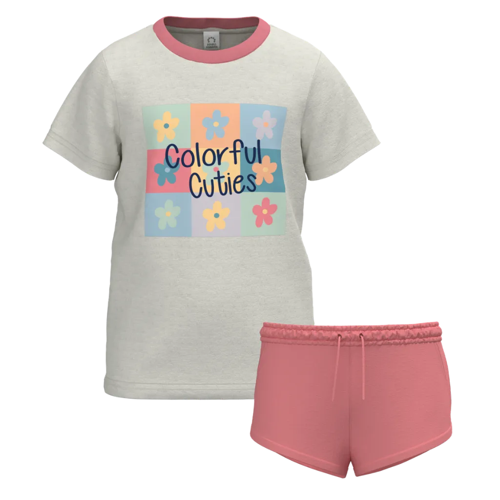 Cream Cotton Short Sleeve T-Shirt with Shorts for Girls | Colorful Cuties Summer Set | 1360