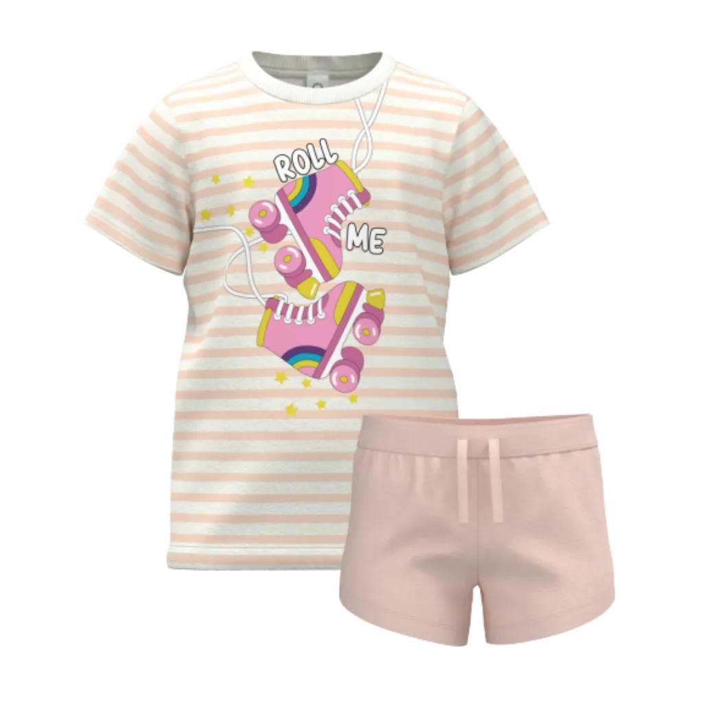 মেয়েদের জন্য গোলাপী সুতির টি-শার্ট এবং শর্ট প্যান্ট সেট | রোল মি গ্রাফিক গ্রীষ্মকালীন পোশাক | নরম বাচ্চাদের কো-অর্ড সেট | ১৩৬১