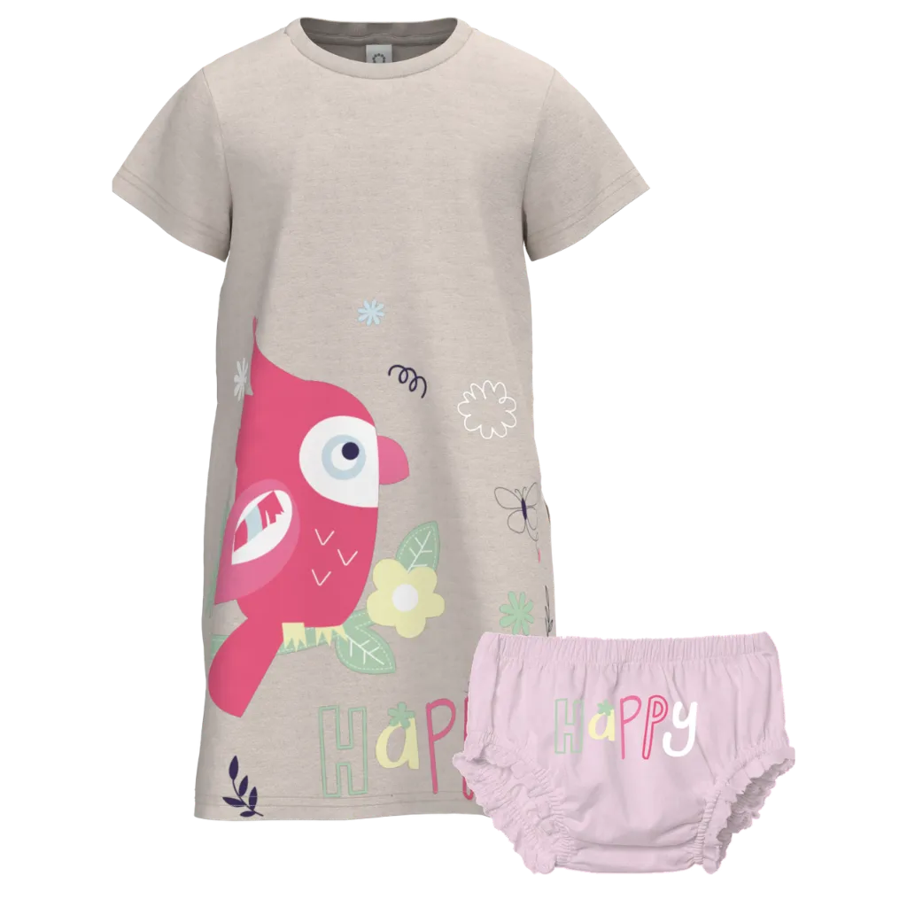 Cream Cotton Short Sleeve Frock with Panty for Girls | Cute Bird Print Summer Dress Set | 1371