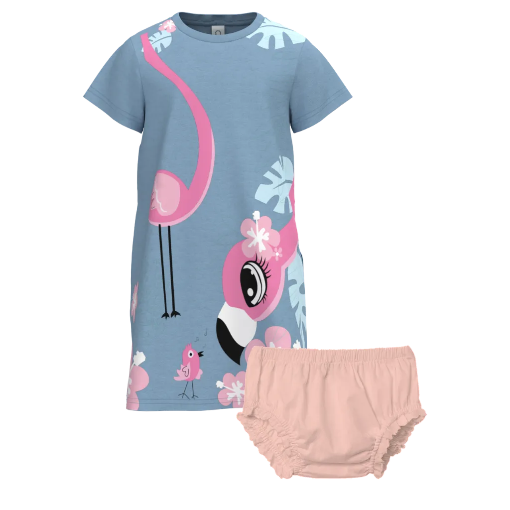 Blue Flamingo Girls Frock & Panty Set | Tropical Print Dress | Soft Cotton Comfort | 1372