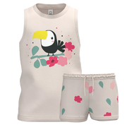 Cream Cotton Sleeveless T-Shirt with Short Pant for Girls | Cute Toucan Print Summer Set | 1373