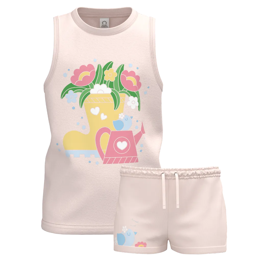Pink Girls Sleeveless T-Shirt & Shorts Set | Floral Garden Print Co-Ord | Soft Cotton Summer Wear | 1375