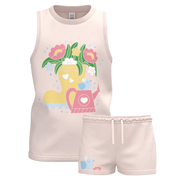 Pink Girls Sleeveless T-Shirt & Shorts Set | Floral Garden Print Co-Ord | Soft Cotton Summer Wear | 1375