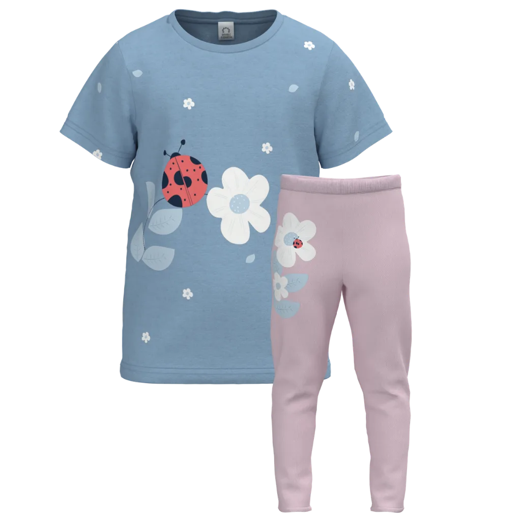 Blue Floral Girls T-Shirt & Leggings Set | Ladybug Print Co-Ord | Soft Cotton Comfort | 1378