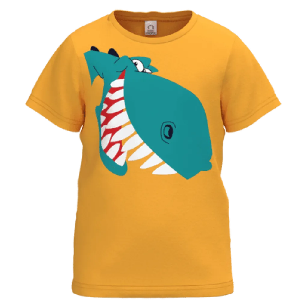 Yellow Cotton Short Sleeve T-Shirt for Boys | Bold Shark Graphic Casual Tee | 1481