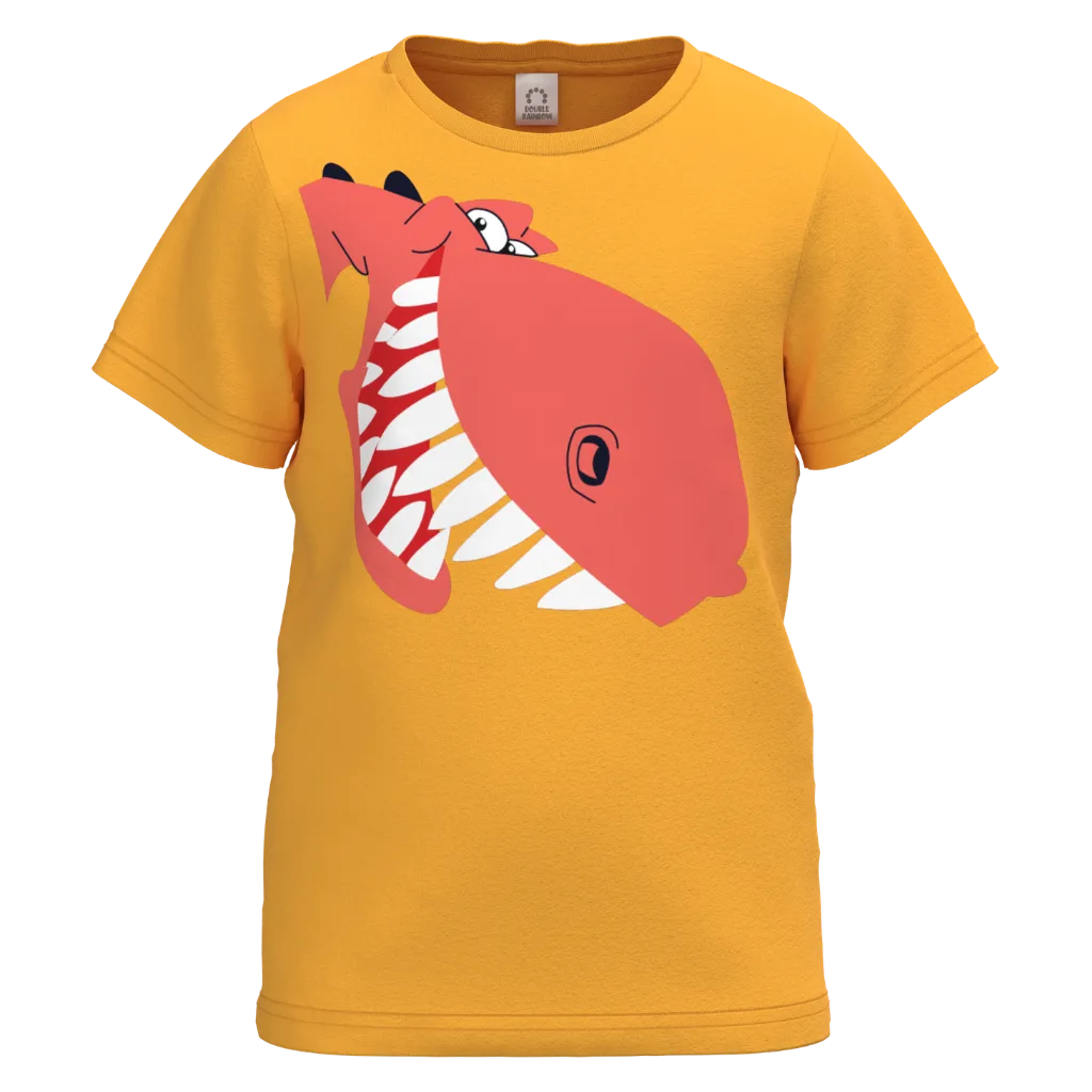 Yellow Cotton Short Sleeve T-Shirt for Boys | Bold Red Shark Graphic Casual Tee | 1482