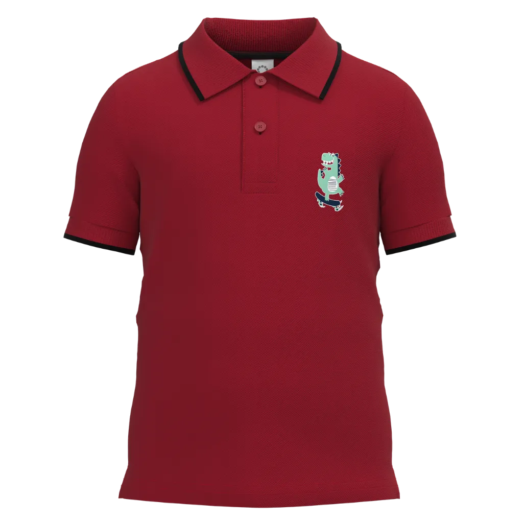 Red Cotton Short Sleeve Polo Shirt for Boys | Classic Dino Casual Polo | 1495