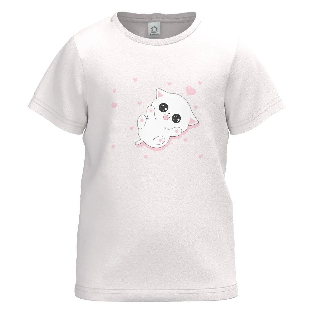 Light Pink Cotton Short Sleeve T-Shirt for Girls | Cute Kitty Graphic Everyday Tee | 1511